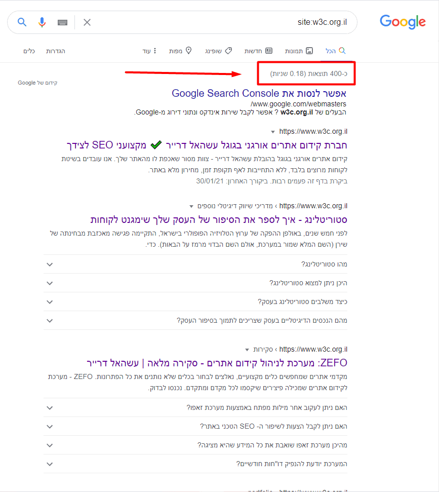 פקודת site כמות עמודים מאונדקסים