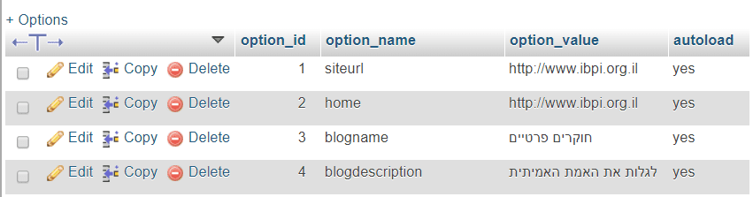רשומת SITEURL - במסד נתונים