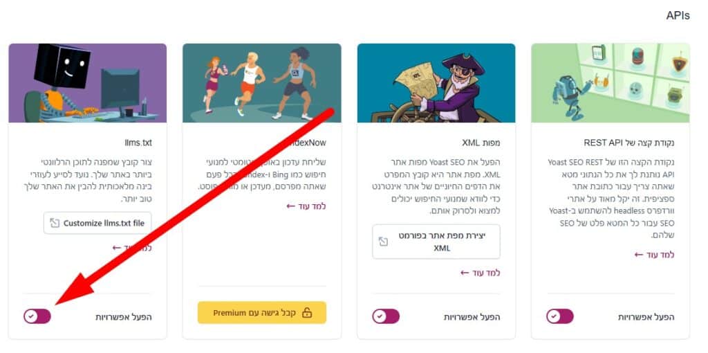 הדלקת כפתור LLMS.TXT ביוסט