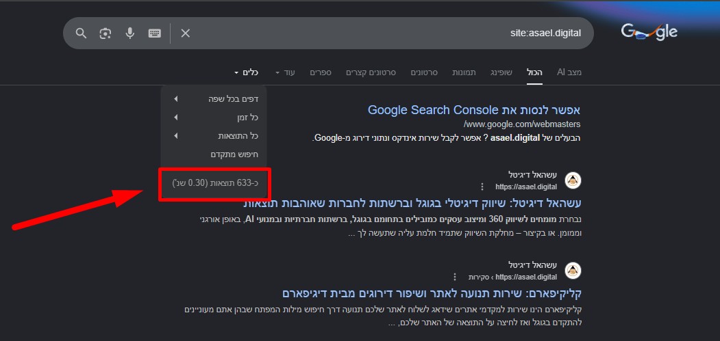 פקודת site ובדיקת כמות עמודים מאונדקסים